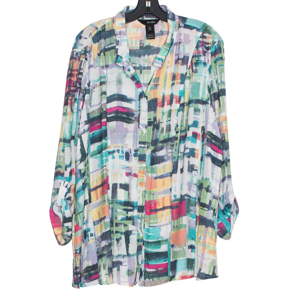 Ali Miles Tunic Top Button Up Abstract Artsy Colorful XL Teacher Boho Resort